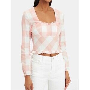 INTERMIX Pink & White Gingham Ruffle Crop Top Size 6 Pastel Check